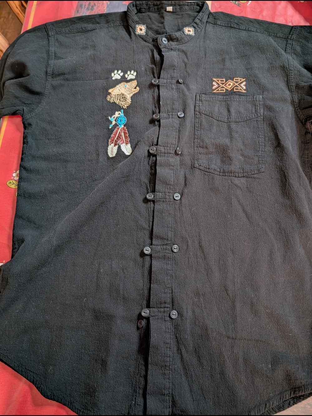Men's Black Embroidered Casual Button-Down Shirt with Feather Motif